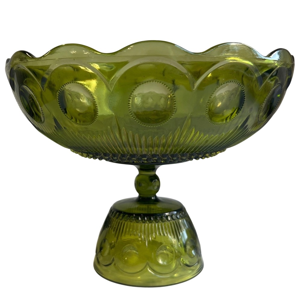 Vintage Bartlett-Collins Avocado Green Glass Pedestal Bowl St Genevieve
